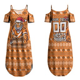 Personalized Wests Tigers Christmas Couples Matching Summer Maxi Dress and Long Sleeve Button Shirt Australian Rugby Fans - Pixelated Ugly Xmas Pattern Mascot Santa