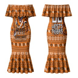 Personalized Wests Tigers Christmas Couples Matching Mermaid Dress and Long Sleeve Button Shirt Australian Rugby Fans - Pixelated Ugly Xmas Pattern Mascot Santa