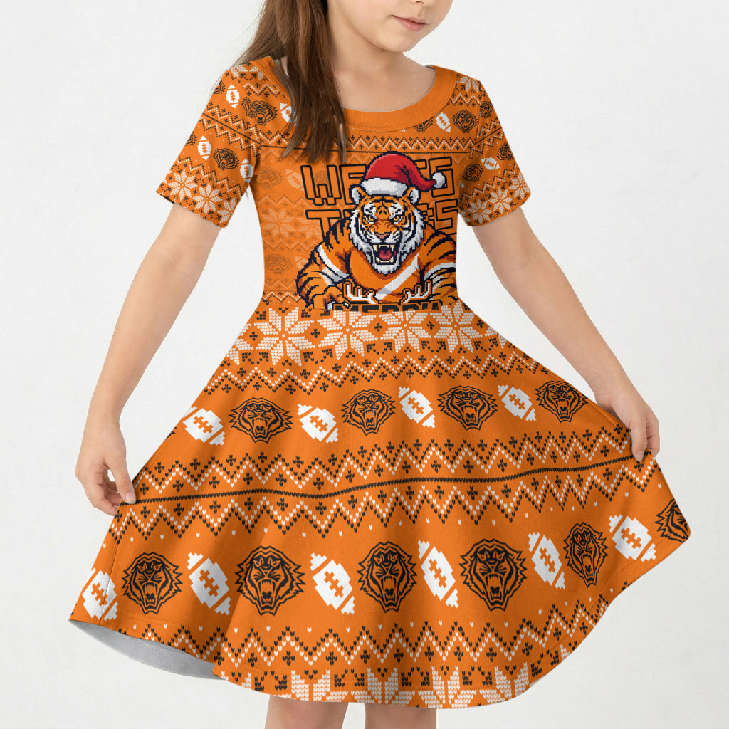 Personalized Wests Tigers Christmas Kid Short Sleeve Dress Australian Rugby Fans - Pixelated Ugly Xmas Pattern Mascot Santa