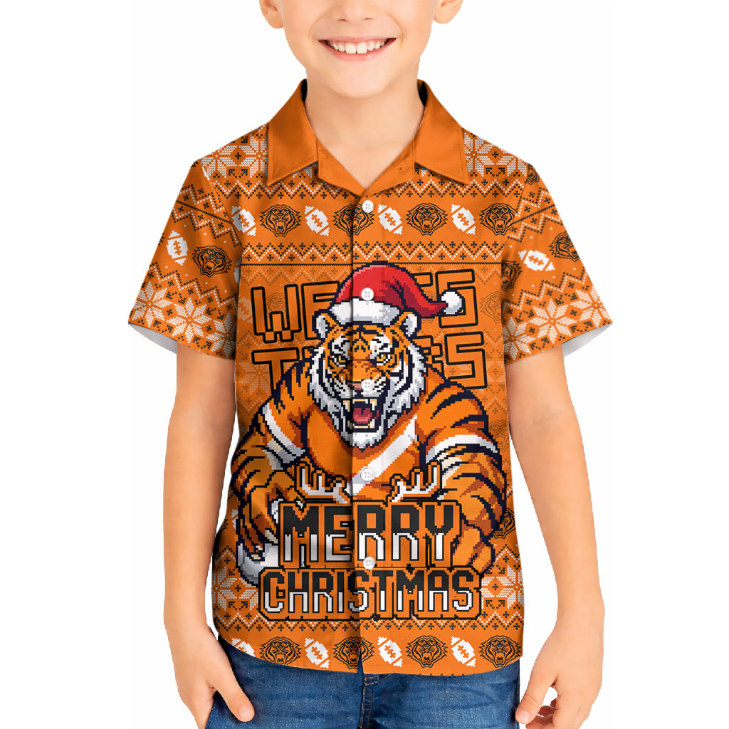 Personalized Wests Tigers Christmas Kid Hawaiian Shirt Australian Rugby Fans - Pixelated Ugly Xmas Pattern Mascot Santa