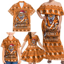 Personalized Wests Tigers Christmas Family Matching Off Shoulder Maxi Dress and Hawaiian Shirt Australian Rugby Fans - Pixelated Ugly Xmas Pattern Mascot Santa
