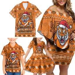Personalized Wests Tigers Christmas Family Matching Off Shoulder Short Dress and Hawaiian Shirt Australian Rugby Fans - Pixelated Ugly Xmas Pattern Mascot Santa