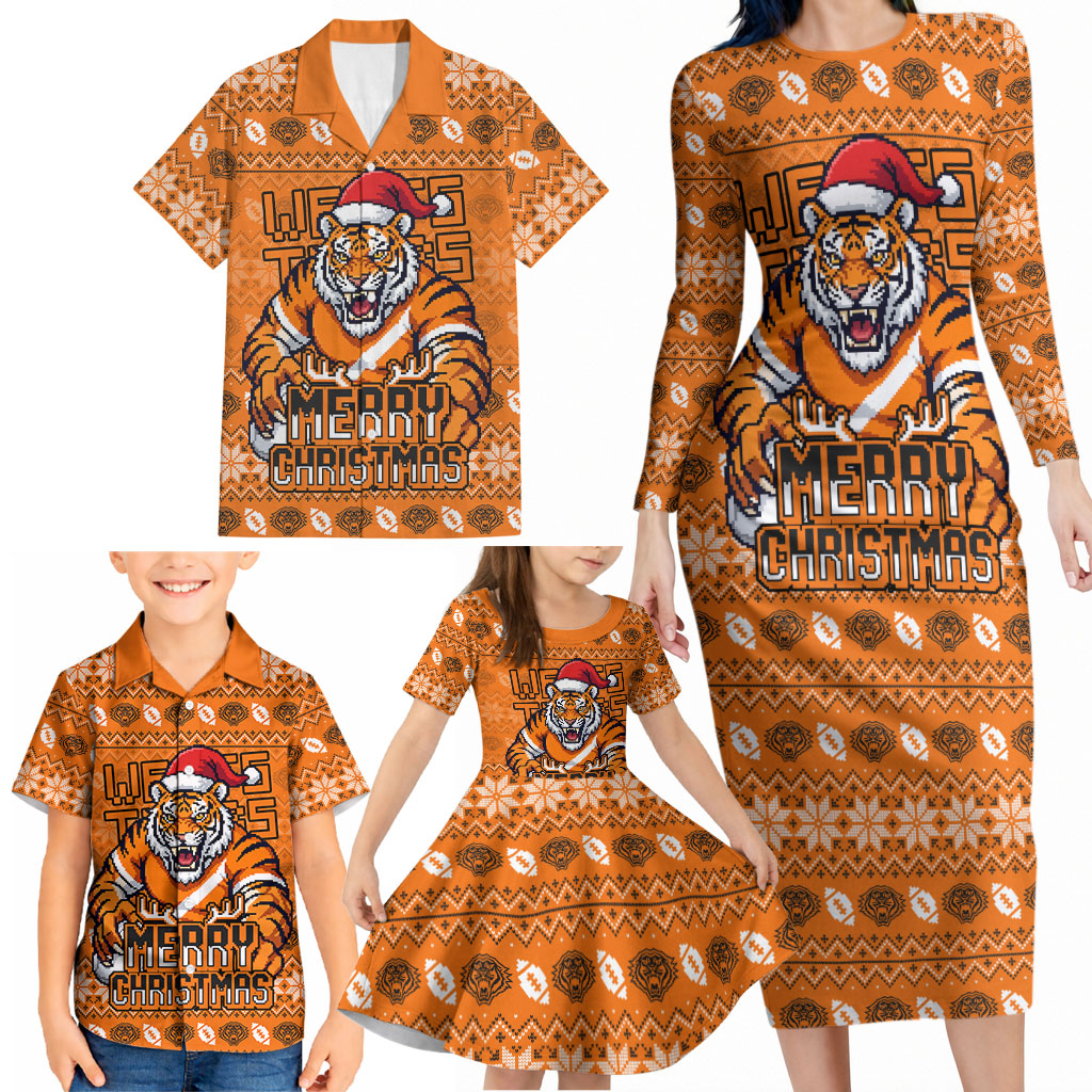 Personalized Wests Tigers Christmas Family Matching Long Sleeve Bodycon Dress and Hawaiian Shirt Australian Rugby Fans - Pixelated Ugly Xmas Pattern Mascot Santa