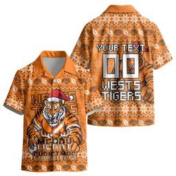 Personalized Wests Tigers Christmas Kid Hawaiian Shirt Australian Rugby Fans - Pixelated Ugly Xmas Pattern Mascot Santa
