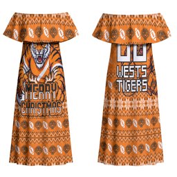 Personalized Wests Tigers Christmas Family Matching Off Shoulder Maxi Dress and Hawaiian Shirt Australian Rugby Fans - Pixelated Ugly Xmas Pattern Mascot Santa