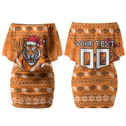 Personalized Wests Tigers Christmas Family Matching Off Shoulder Short Dress and Hawaiian Shirt Australian Rugby Fans - Pixelated Ugly Xmas Pattern Mascot Santa