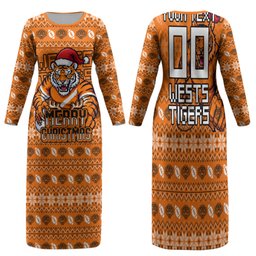 Personalized Wests Tigers Christmas Family Matching Long Sleeve Bodycon Dress and Hawaiian Shirt Australian Rugby Fans - Pixelated Ugly Xmas Pattern Mascot Santa