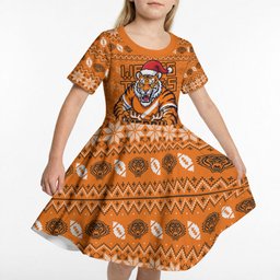 Personalized Wests Tigers Christmas Kid Short Sleeve Dress Australian Rugby Fans - Pixelated Ugly Xmas Pattern Mascot Santa