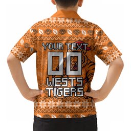 Personalized Wests Tigers Christmas Kid Hawaiian Shirt Australian Rugby Fans - Pixelated Ugly Xmas Pattern Mascot Santa