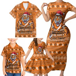 Personalized Wests Tigers Christmas Family Matching Short Sleeve Bodycon Dress and Hawaiian Shirt Australian Rugby Fans - Pixelated Ugly Xmas Pattern Mascot Santa