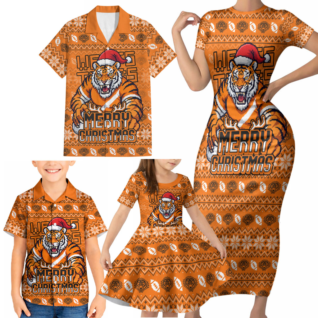 Personalized Wests Tigers Christmas Family Matching Short Sleeve Bodycon Dress and Hawaiian Shirt Australian Rugby Fans - Pixelated Ugly Xmas Pattern Mascot Santa