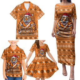 Personalized Wests Tigers Christmas Family Matching Puletasi and Hawaiian Shirt Australian Rugby Fans - Pixelated Ugly Xmas Pattern Mascot Santa