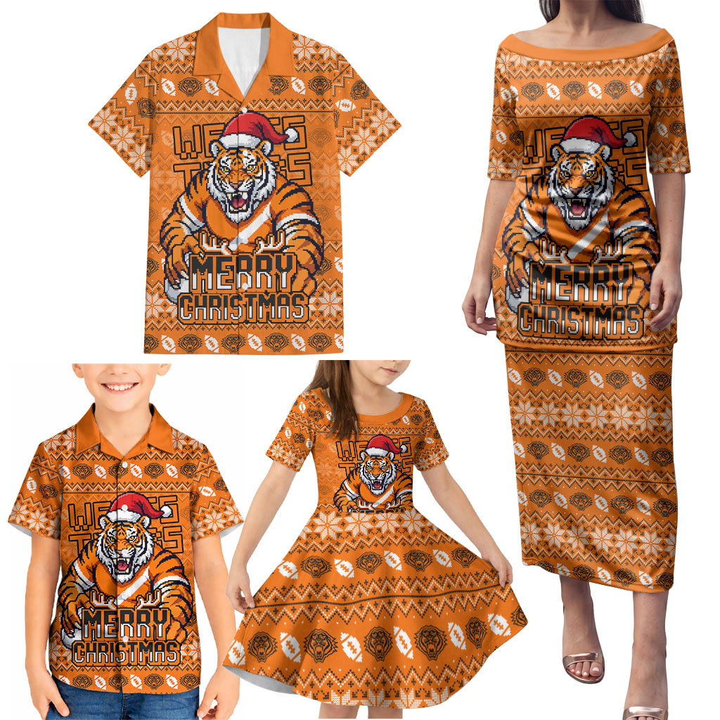 Personalized Wests Tigers Christmas Family Matching Puletasi and Hawaiian Shirt Australian Rugby Fans - Pixelated Ugly Xmas Pattern Mascot Santa