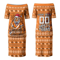 Personalized Wests Tigers Christmas Family Matching Puletasi and Hawaiian Shirt Australian Rugby Fans - Pixelated Ugly Xmas Pattern Mascot Santa