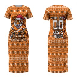 Personalized Wests Tigers Christmas Family Matching Short Sleeve Bodycon Dress and Hawaiian Shirt Australian Rugby Fans - Pixelated Ugly Xmas Pattern Mascot Santa