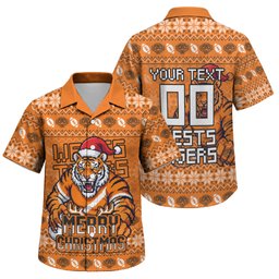 Personalized Wests Tigers Christmas Family Matching Off Shoulder Short Dress and Hawaiian Shirt Australian Rugby Fans - Pixelated Ugly Xmas Pattern Mascot Santa