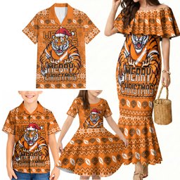 Personalized Wests Tigers Christmas Family Matching Mermaid Dress and Hawaiian Shirt Australian Rugby Fans - Pixelated Ugly Xmas Pattern Mascot Santa