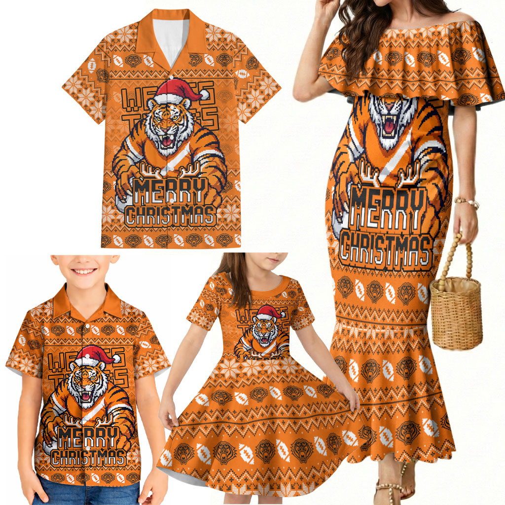 Personalized Wests Tigers Christmas Family Matching Mermaid Dress and Hawaiian Shirt Australian Rugby Fans - Pixelated Ugly Xmas Pattern Mascot Santa