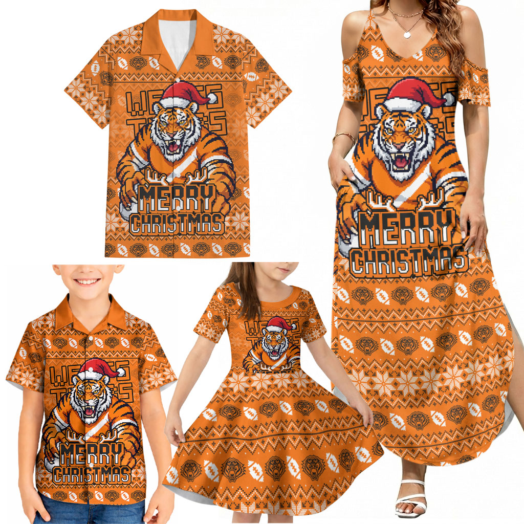 Personalized Wests Tigers Christmas Family Matching Summer Maxi Dress and Hawaiian Shirt Australian Rugby Fans - Pixelated Ugly Xmas Pattern Mascot Santa