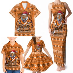 Personalized Wests Tigers Christmas Family Matching Tank Maxi Dress and Hawaiian Shirt Australian Rugby Fans - Pixelated Ugly Xmas Pattern Mascot Santa