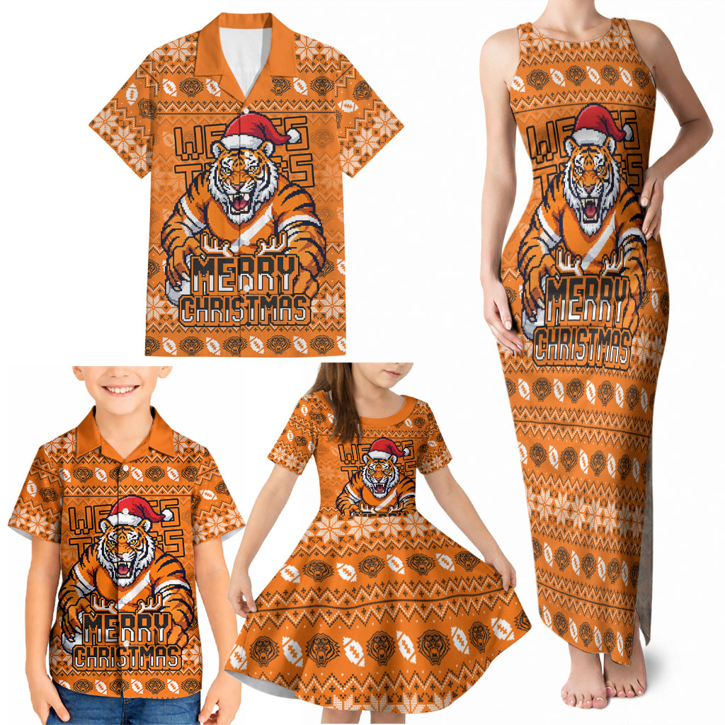 Personalized Wests Tigers Christmas Family Matching Tank Maxi Dress and Hawaiian Shirt Australian Rugby Fans - Pixelated Ugly Xmas Pattern Mascot Santa