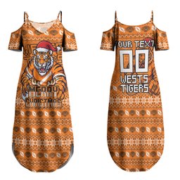 Personalized Wests Tigers Christmas Family Matching Summer Maxi Dress and Hawaiian Shirt Australian Rugby Fans - Pixelated Ugly Xmas Pattern Mascot Santa
