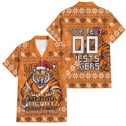 Personalized Wests Tigers Christmas Family Matching Summer Maxi Dress and Hawaiian Shirt Australian Rugby Fans - Pixelated Ugly Xmas Pattern Mascot Santa