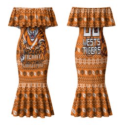 Personalized Wests Tigers Christmas Family Matching Mermaid Dress and Hawaiian Shirt Australian Rugby Fans - Pixelated Ugly Xmas Pattern Mascot Santa