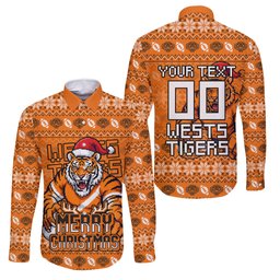 Personalized Wests Tigers Christmas Family Matching Summer Maxi Dress and Hawaiian Shirt Australian Rugby Fans - Pixelated Ugly Xmas Pattern Mascot Santa