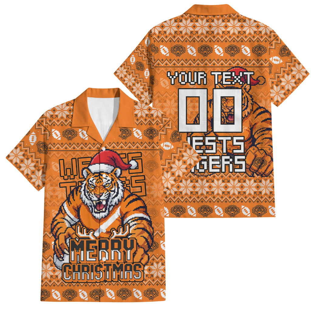 Personalized Wests Tigers Christmas Family Matching Mermaid Dress and Hawaiian Shirt Australian Rugby Fans - Pixelated Ugly Xmas Pattern Mascot Santa