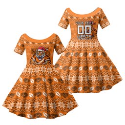 Personalized Wests Tigers Christmas Family Matching Tank Maxi Dress and Hawaiian Shirt Australian Rugby Fans - Pixelated Ugly Xmas Pattern Mascot Santa