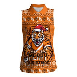 Personalized Wests Tigers Christmas Women Sleeveless Polo Shirt Australian Rugby Fans - Pixelated Ugly Xmas Pattern Mascot Santa