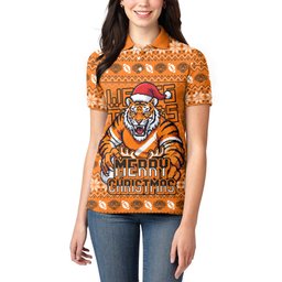 Personalized Wests Tigers Christmas Women Polo Shirt Australian Rugby Fans - Pixelated Ugly Xmas Pattern Mascot Santa