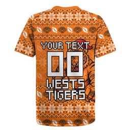 Personalized Wests Tigers Christmas Rugby Jersey Australian Rugby Fans - Pixelated Ugly Xmas Pattern Mascot Santa