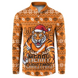 Personalized Wests Tigers Christmas Button Sweatshirt Australian Rugby Fans - Pixelated Ugly Xmas Pattern Mascot Santa