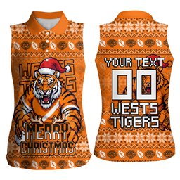 Personalized Wests Tigers Christmas Women Sleeveless Polo Shirt Australian Rugby Fans - Pixelated Ugly Xmas Pattern Mascot Santa