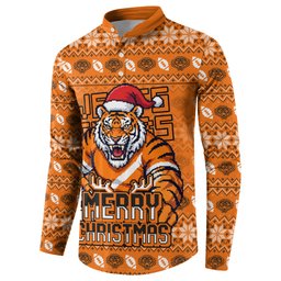 Personalized Wests Tigers Christmas Button Sweatshirt Australian Rugby Fans - Pixelated Ugly Xmas Pattern Mascot Santa