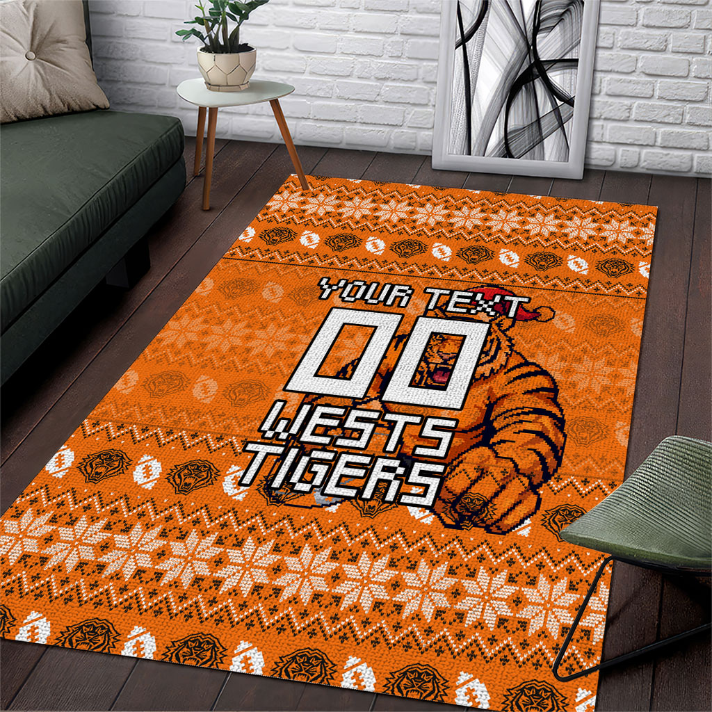 Personalized Wests Tigers Christmas Area Rug Australian Rugby Fans - Pixelated Ugly Xmas Pattern Mascot Santa