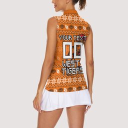 Personalized Wests Tigers Christmas Women Sleeveless Polo Shirt Australian Rugby Fans - Pixelated Ugly Xmas Pattern Mascot Santa