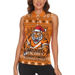 Personalized Wests Tigers Christmas Women Sleeveless Polo Shirt Australian Rugby Fans - Pixelated Ugly Xmas Pattern Mascot Santa