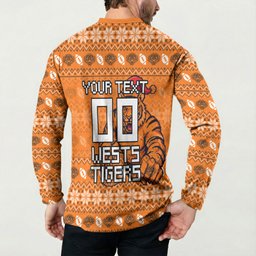 Personalized Wests Tigers Christmas Button Sweatshirt Australian Rugby Fans - Pixelated Ugly Xmas Pattern Mascot Santa