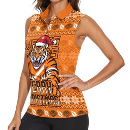 Personalized Wests Tigers Christmas Women Sleeveless Polo Shirt Australian Rugby Fans - Pixelated Ugly Xmas Pattern Mascot Santa