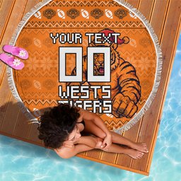 Personalized Wests Tigers Christmas Beach Blanket Australian Rugby Fans - Pixelated Ugly Xmas Pattern Mascot Santa