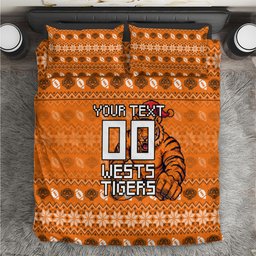 Personalized Wests Tigers Christmas Bedding Set Australian Rugby Fans - Pixelated Ugly Xmas Pattern Mascot Santa