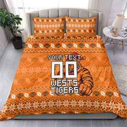 Personalized Wests Tigers Christmas Bedding Set Australian Rugby Fans - Pixelated Ugly Xmas Pattern Mascot Santa