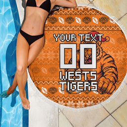 Personalized Wests Tigers Christmas Beach Blanket Australian Rugby Fans - Pixelated Ugly Xmas Pattern Mascot Santa