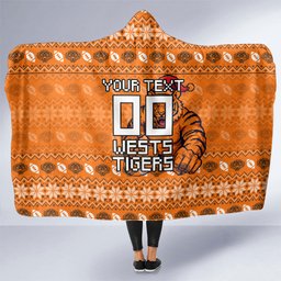 Personalized Wests Tigers Christmas Hooded Blanket Australian Rugby Fans - Pixelated Ugly Xmas Pattern Mascot Santa