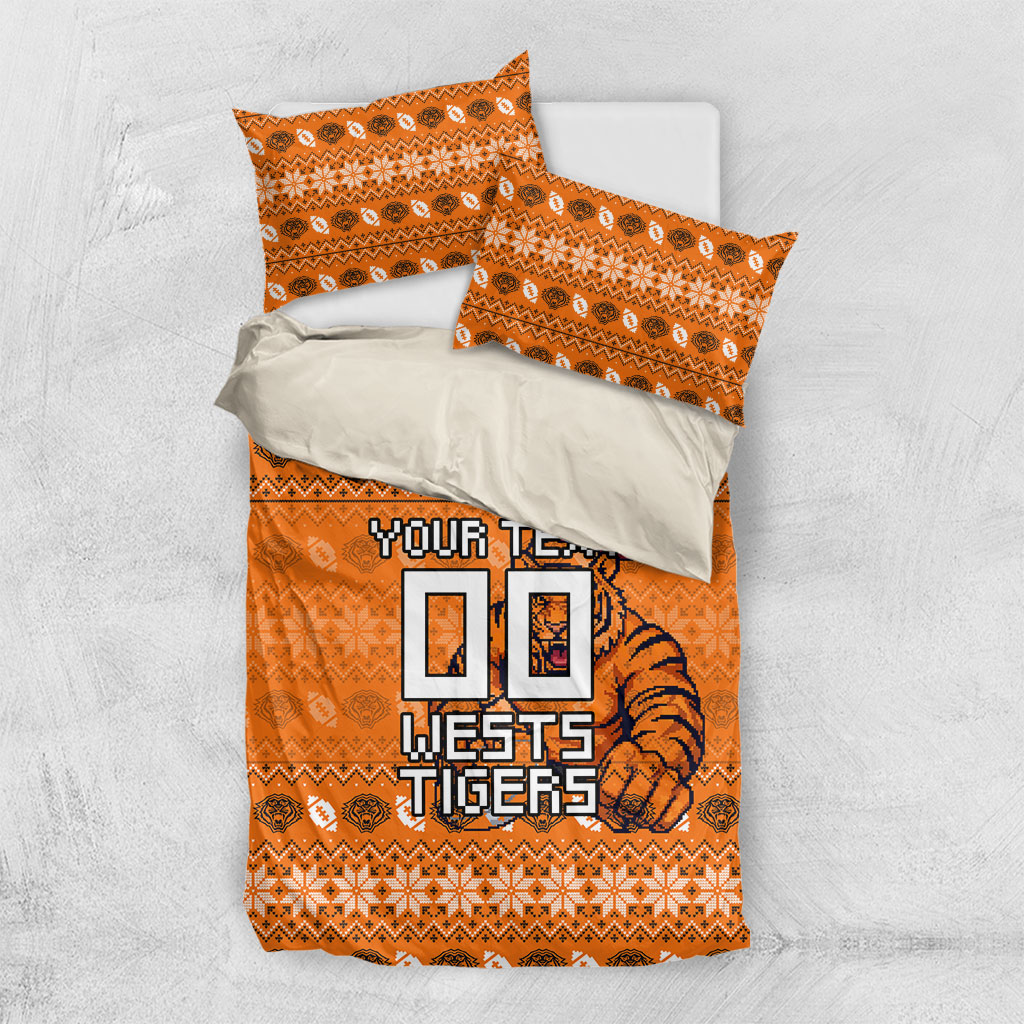 Personalized Wests Tigers Christmas Bedding Set Australian Rugby Fans - Pixelated Ugly Xmas Pattern Mascot Santa