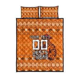 Personalized Wests Tigers Christmas Quilt Bed Set Australian Rugby Fans - Pixelated Ugly Xmas Pattern Mascot Santa