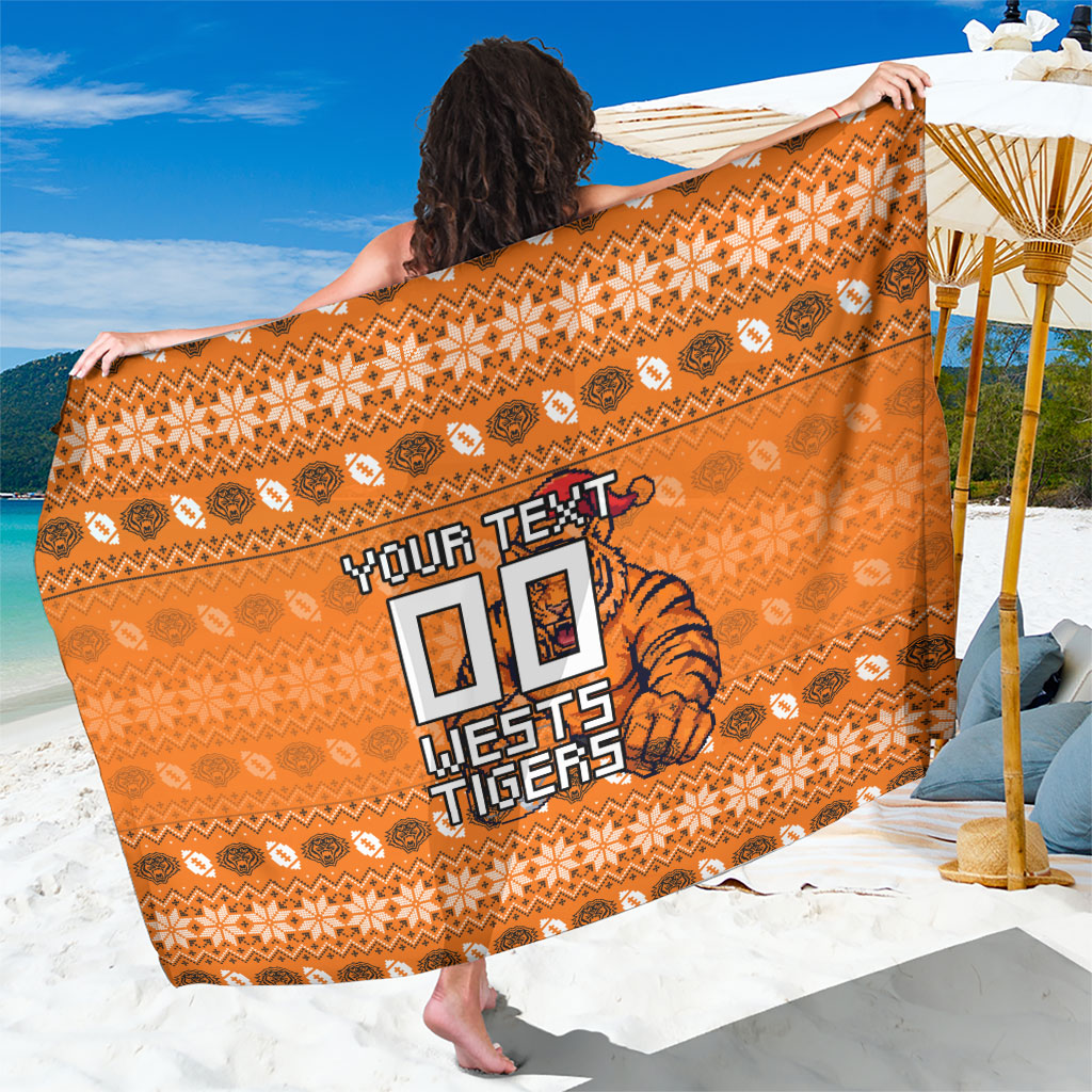 Personalized Wests Tigers Christmas Sarong Australian Rugby Fans - Pixelated Ugly Xmas Pattern Mascot Santa
